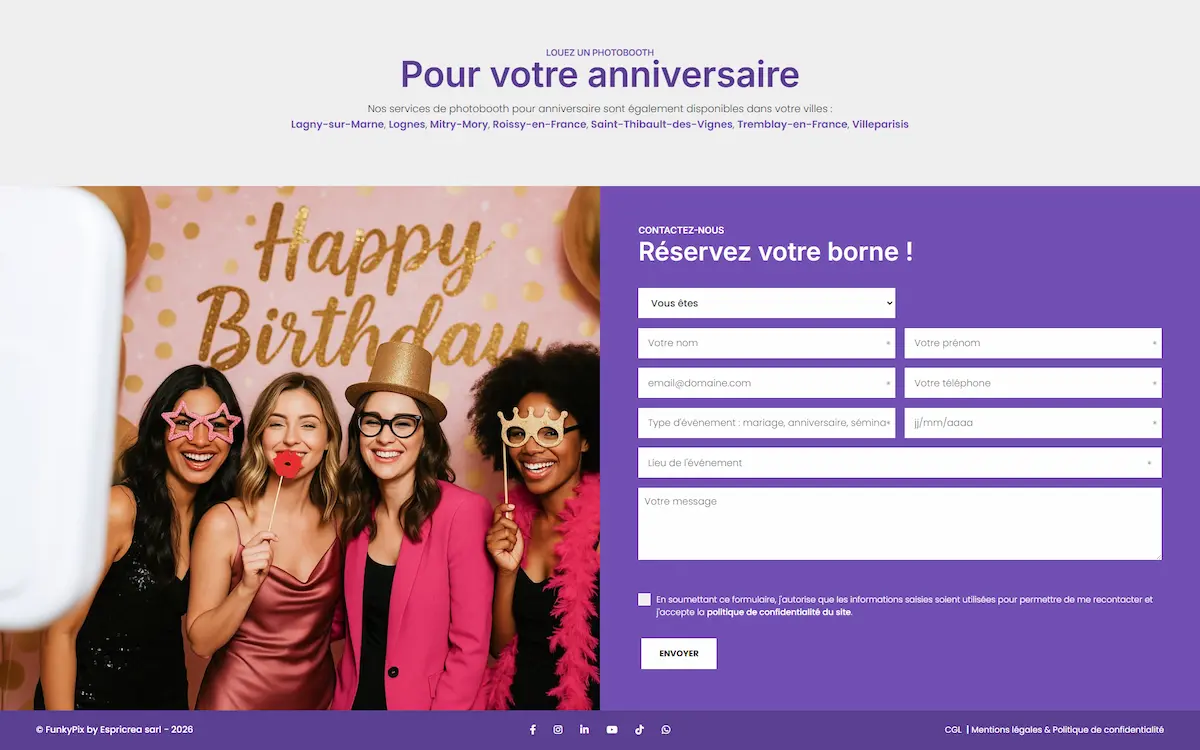 FunkyPix — page photobooth anniversaire avec formulaire de réservation en ligne