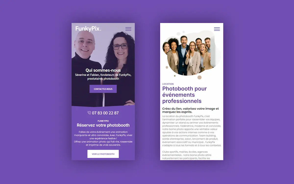 FunkyPix — site one page responsive mobile location photobooth événementiel