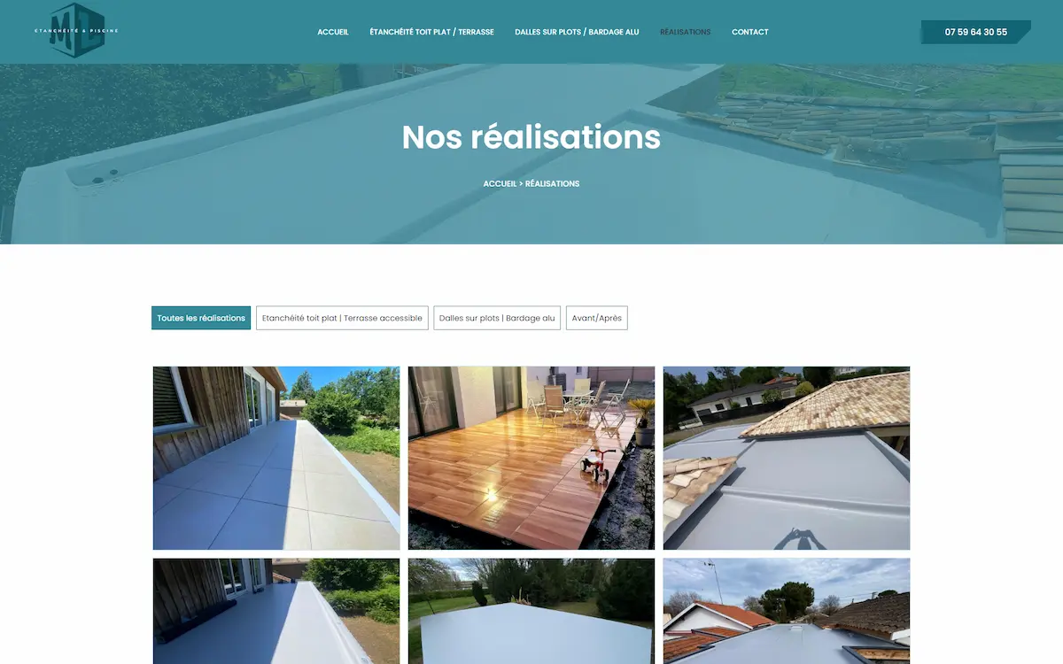 ML Étanchéité & Piscine — page réalisations avec filtres par type de travaux (toiture, dalles, avant/après)