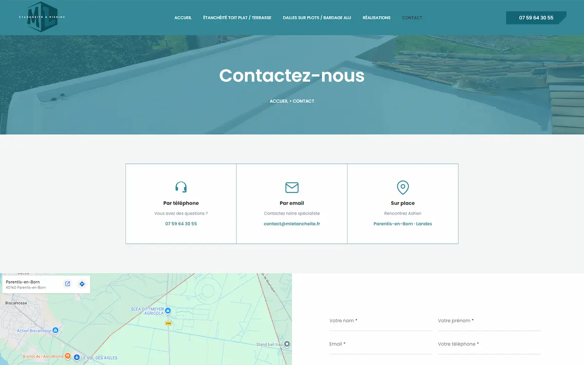 ML Étanchéité & Piscine — page contact avec formulaire de devis et localisation Google Maps