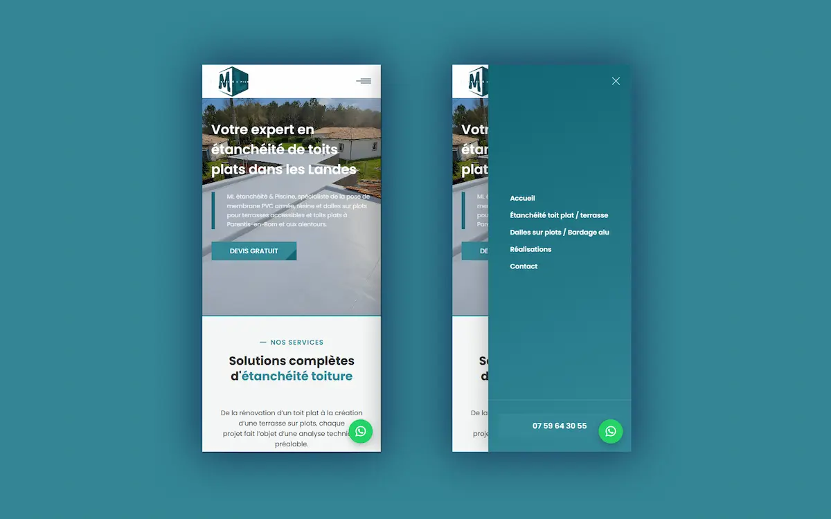 ML Étanchéité & Piscine — site internet responsive version mobile avec menu de navigation