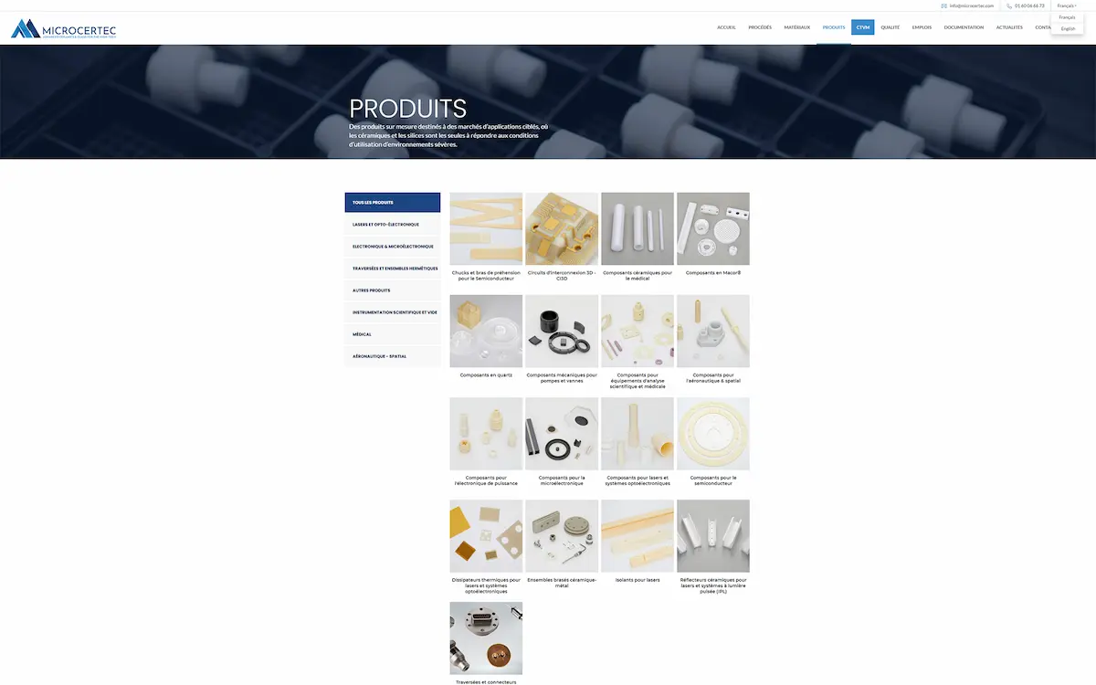 Microcertec — catalogue technique produits céramiques avec fiches détaillées